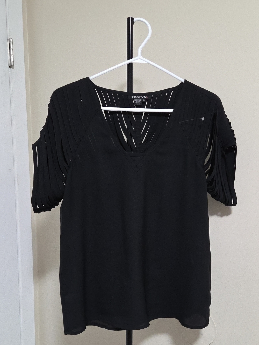 Tracy M Black V-Neck Slit Sleeve Women's Top